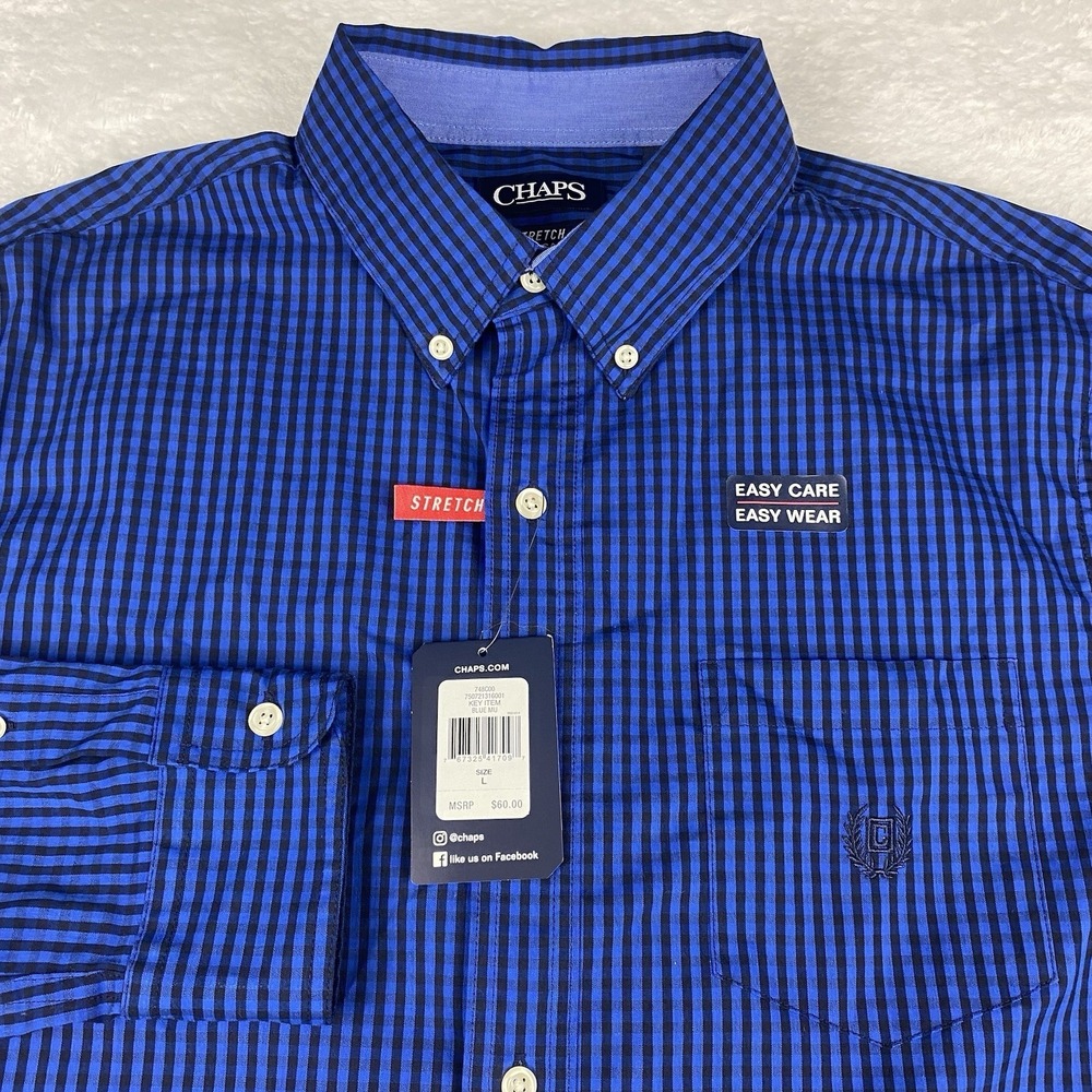 CHAPS Shirt Mens Large Blue Buffalo Check Easy Care‎ Stretch NWT!